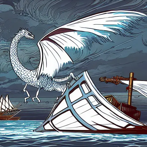 Image similar to an ancient white dragon tears apart a sailing boat, very detailed, prophet graphic novel, ilya kuvshinov, mcbess, rutkowski, simon roy wide shot, colorful, deep shadows,
