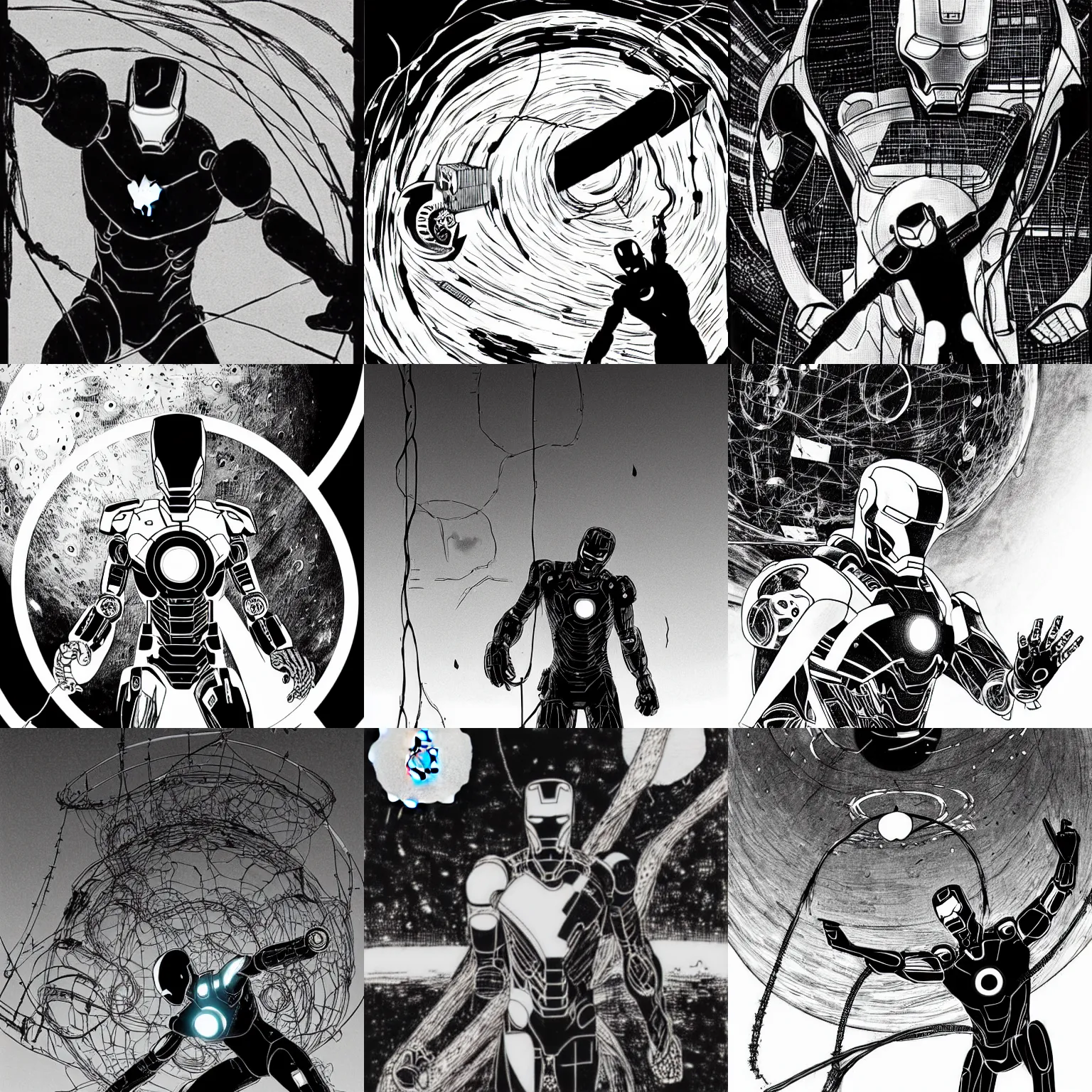 Image similar to black and white sad iron man with wires eats apple on hands on the destroed moon, wires earth background, by tsutomu nihei