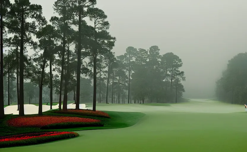 Prompt: nr. 1 2 at augusta national, the masters, many beautiful flowers and magnlia trees, completely flooded with brown water during rain storm, beautiful ambient light, fog,