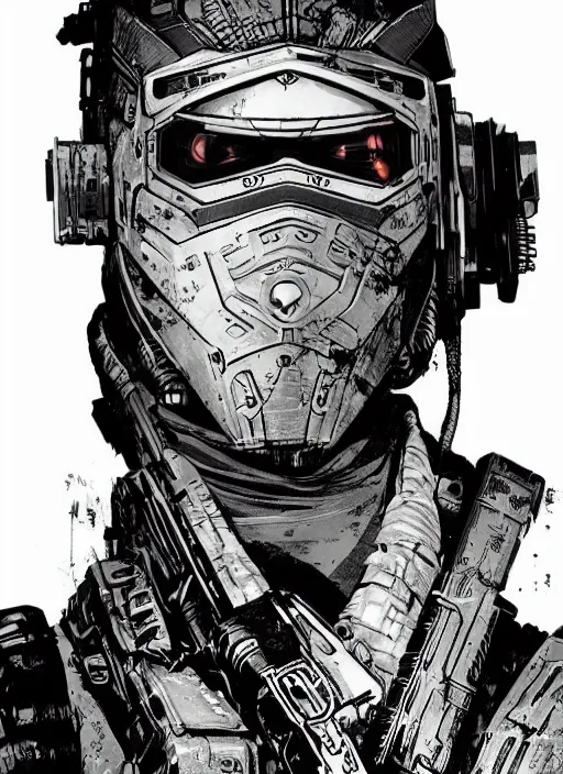 Image similar to cyberpunk blackops ninja. night vision. katana. portrait by ashley wood and alphonse mucha and laurie greasley and josan gonzalez and james gurney. spliner cell, apex legends, rb 6 s, hl 2, d & d, cyberpunk 2 0 7 7. realistic face. dystopian setting.