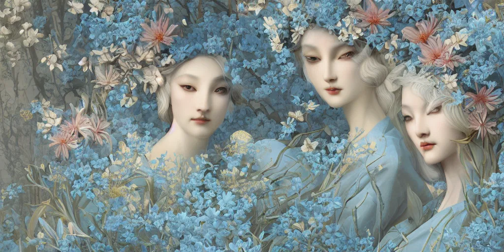 Image similar to breathtaking detailed concept art painting art deco pattern of blonde faces goddesses amalmation light - blue flowers with anxious piercing eyes and blend of flowers and birds, by hsiao - ron cheng and john james audubon, bizarre compositions, exquisite detail, extremely moody lighting, 8 k