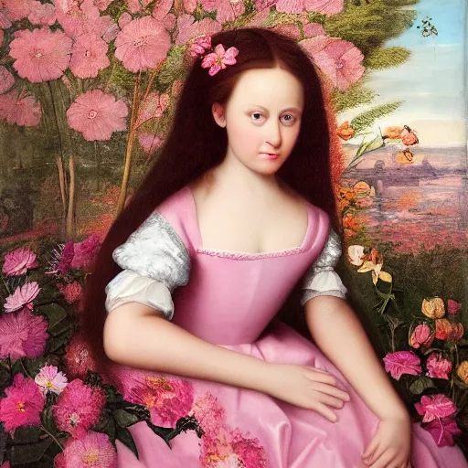 Prompt: renaissance oil painting of a pretty girl with dark hair wearing long sleeveless flower dress sitting in an art gallery surrounded by giant pink gold flowers and digital paintings