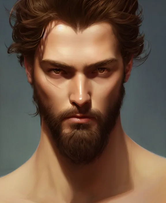 Image similar to portrait close up of guy, concentrated look, symmetry, long hair. d & d, fantasy, intricate, elegant, highly detailed, digital painting, artstation, concept art, art by artgerm and greg rutkowski and alphonse mucha, boris vallejo