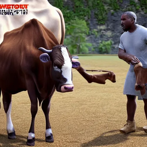 Image similar to kanye west milking a cow, ultra realistic, 8 k, ultra details, highly detailed face, sharp focus