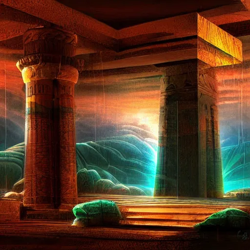 Prompt: ancient egypts interior with waterfalls, digital art, retrowave