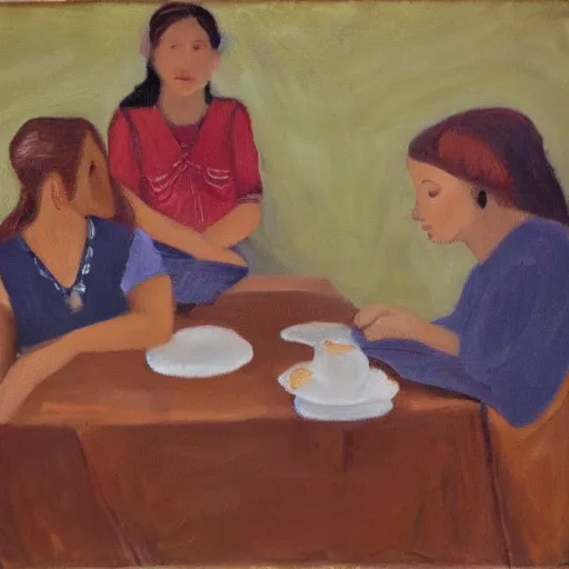 Image similar to four girls sitting and discussing life at a table, oil on canvas