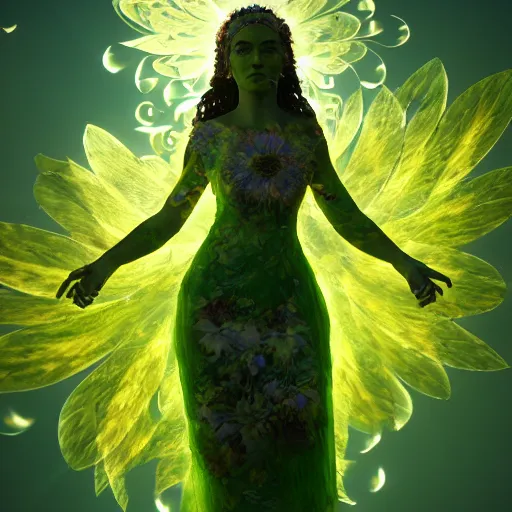 Image similar to flower goddess, concept character, beautiful, stunning, green mist, radiating power, energy, god rays, luminescence, fractal, unreal engine, 8 k