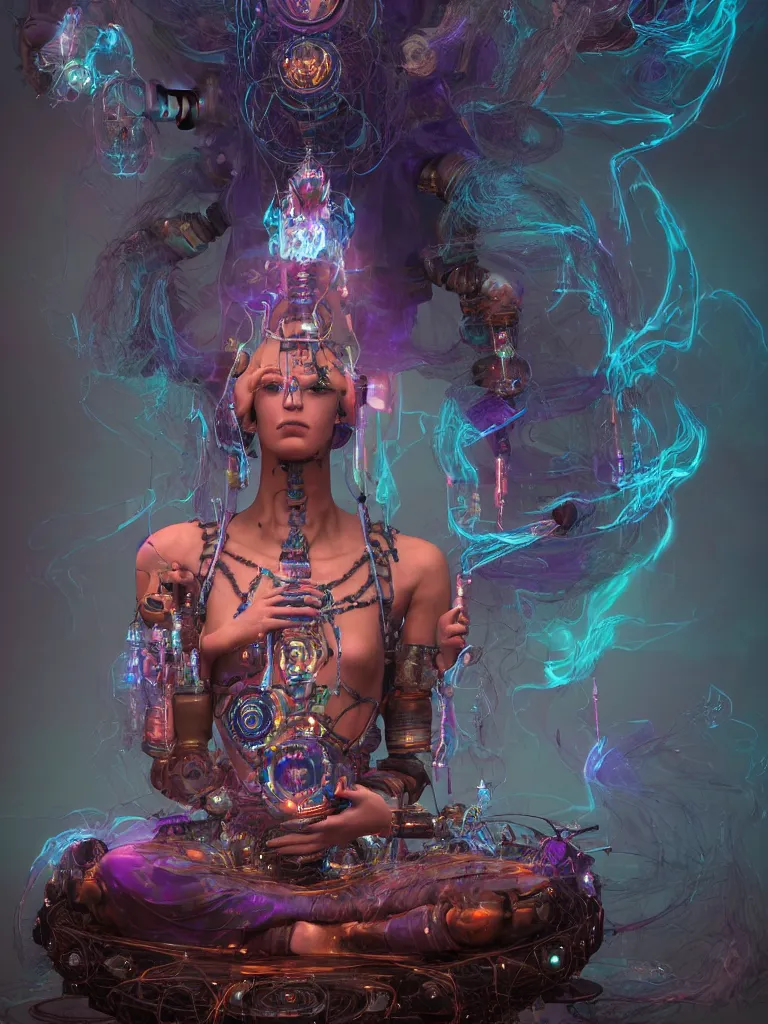 Image similar to an ancient mystical alluring female shaman generating flowing energy and surrounded by wisps of incense smoke sits meditating in a magical cybernetic robot temple, face face face, by ross tran and roberto ferri, 3 d, cinema 4 d render, trending on artstation