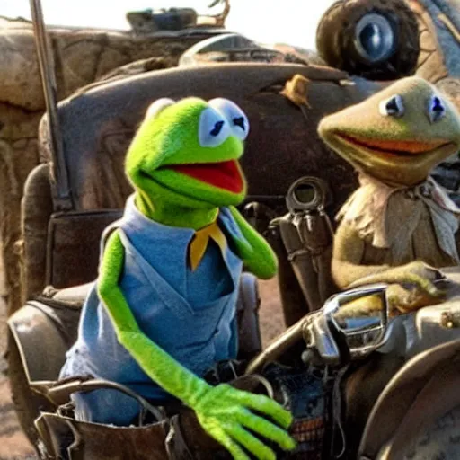 Prompt: kermit the frog in a scene from mad max