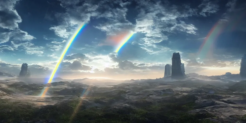 Prompt: photorealistic land of future tech with stunning indirect fluorescent lighting and specular highlights and rainbow coloured volumetric crepuscular rays