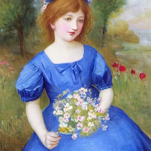 Prompt: beautiful girl, with flowers in her hand and a blue dress, Anderson Sophie