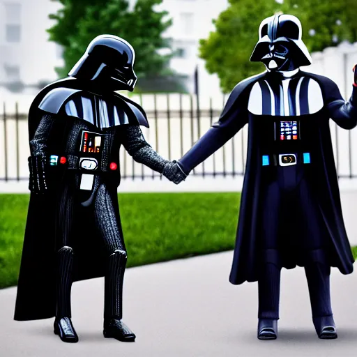 Prompt: Darth vader holding hands with donald trump near the white house, 8k, photorealistic