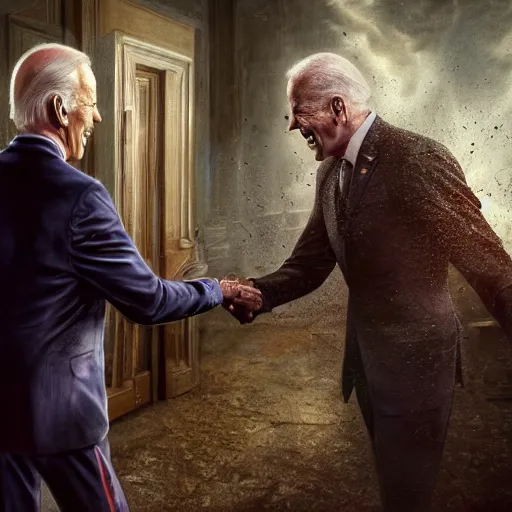 Prompt: hyperrealistic mixed media image of joe biden shaking hands with a clown, stunning 3 d render inspired art by istvan sandorfi and greg rutkowski, perfect facial symmetry, realistic, highly detailed attributes and atmosphere, dim volumetric cinematic lighting, 8 k octane extremely hyper - detailed render, post - processing, masterpiece,
