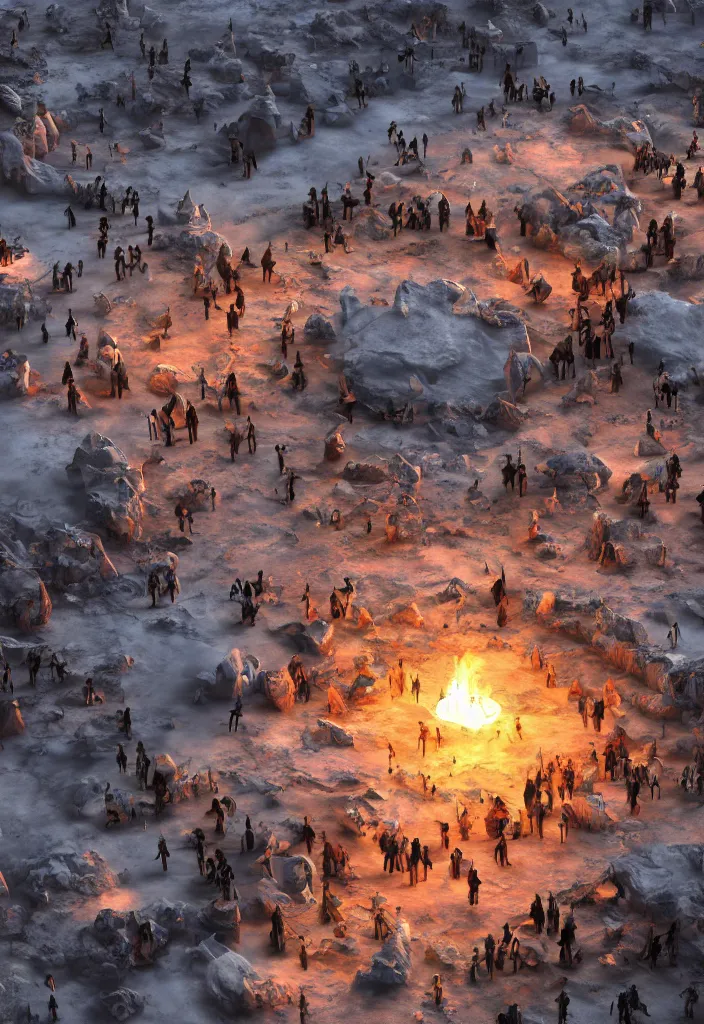 Image similar to A shining underground city in antartica made out of biological iglooss, multiple native people dancing around campfires, facinating and imposing, fantasy digital art, octane render, beautiful composition, trending on artstation, award-winning photograph, masterpiece