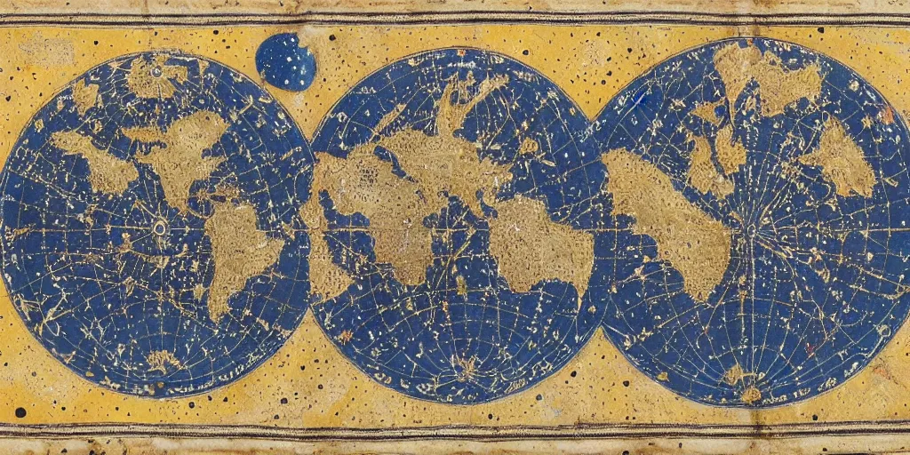 Image similar to ancient cosmic map of the various holes in the universe where time travelers can sneak through the fabric of space time. deep dark blue with colorful planets and constellations and radiating gold lines and circles, with intricate border. latin notations everywhere. map has been folded and dirtied many times over the centuries