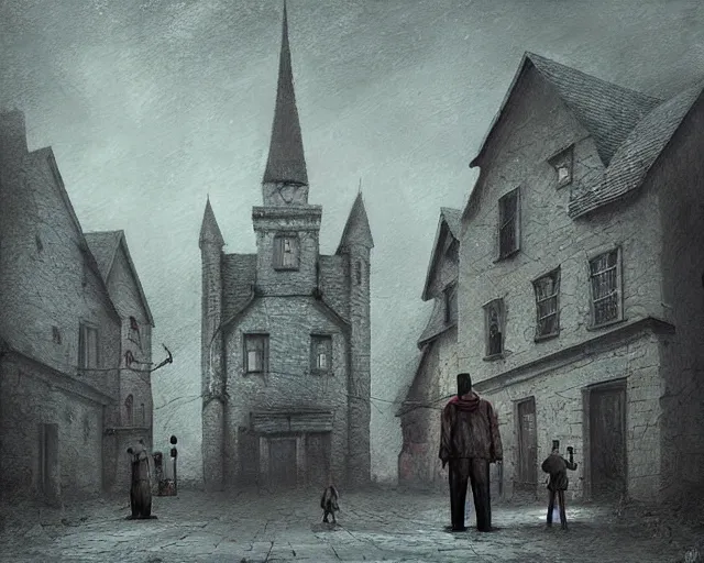Image similar to a painting of a towns square in an eerie small village filled with bizarre otherworldly creatures walking around the town, by anton semenov