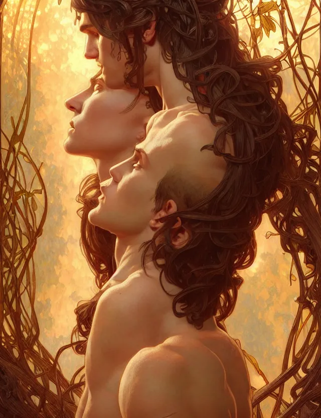 Image similar to portrait of biblical adam and eve, headshot, intricate, highly detailed, digital painting, artstation, concept art, sharp focus, cinematic lighting, illustration, art by artgerm and greg rutkowski, alphonse mucha, cgsociety