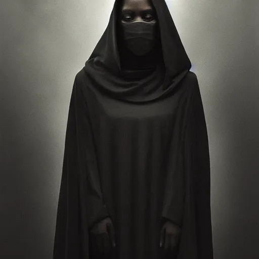 Image similar to a portrait of a young black woman wearing a long dark cloak, hood and shadows covering face, anatomically correct, beautiful perfect face, enigmatic, oil painting, matte painting, black background, Volumetric dynamic lighting, Highly Detailed, Cinematic Lighting, Unreal Engine, 8k, HD, by Beksinski