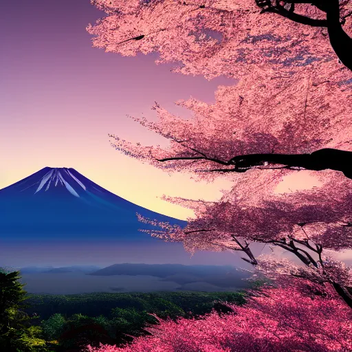 Prompt: a cinematic shot of mount fuji and cherry blossom trees and it's leaves falling on a breezy sunset, 4 k, unreal engine 6,