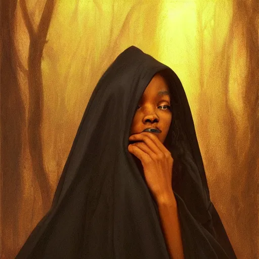 Image similar to a portrait of a young black woman wearing a long dark cloak, hood and shadows covering face, anatomically correct, beautiful perfect face, enigmatic, oil painting, matte painting, black background, Volumetric Golden dappled dynamic lighting, Highly Detailed, Cinematic Lighting, Unreal Engine, 8k, HD, by Beksinski