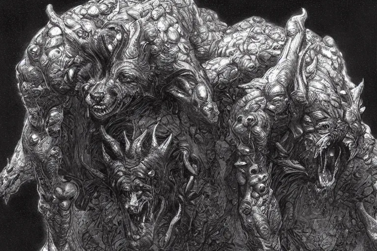 Image similar to cerberus hyperdetailed photo of a cerberus by ed binkley, wayne barlowe, ilya repin, alex horley, johfra bosschart, craig mullins, three head one body, cerberus, details