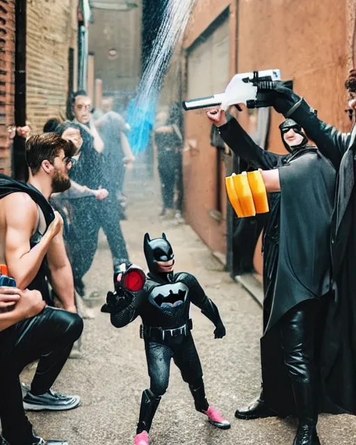 Image similar to happy batman firing super soaker water gun in an alleyway, everyone having fun, product advertisement, photography