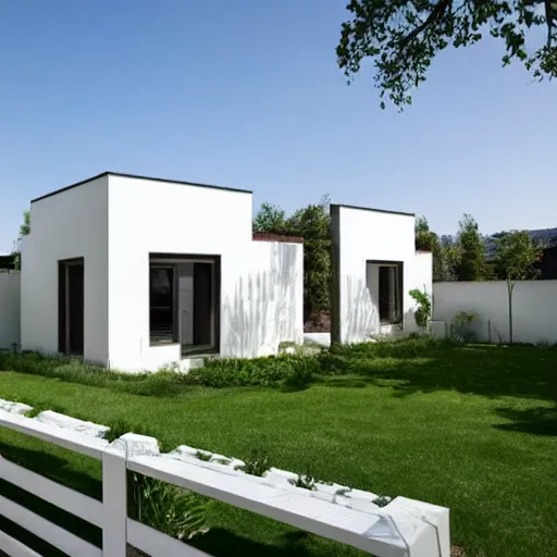 Image similar to Modern gable roofed Farmhouses compound, garden, white block fence,