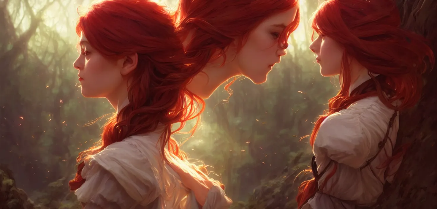 Image similar to side portrait cute female, magic school uniform, fantasy forest landscape, dnd fantasy magic, long red hair, cinematic rim light, intricate, elegant, highly detailed, digital painting, artstation, concept art, smooth, sharp focus, illustration, art by artgerm and greg rutkowski and alphonse mucha