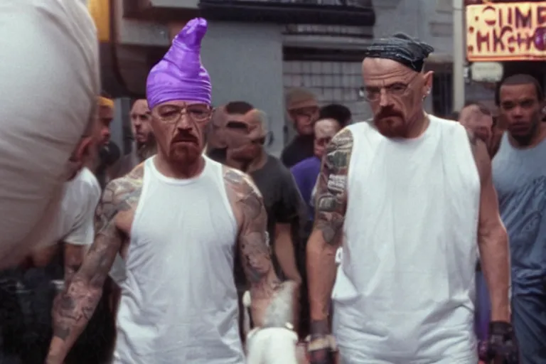 Image similar to walter white as a white gang member wearing a purple head covering made from a polyester or nylon material and a stained white tank top beating up his opponent gustavo fring in the streets of chicago, arms covered in gang tattoo, paparazzi, leaked footage, uncomfortable, bad quality