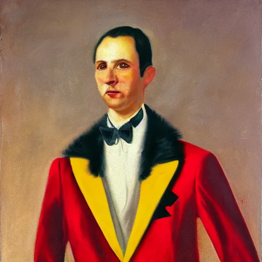 Prompt: portrait of a wolf playboy with red and white fur in a red retro suit with a yellow tie, oil painting