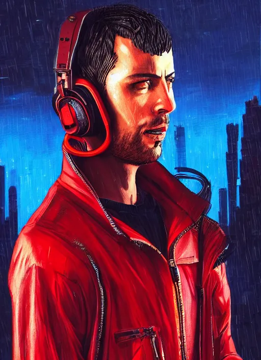 Image similar to cyberpunk character wearing jumpsuit and red jacket and cyberpunk headset. ( blade runner 2 0 4 9, dystopian, cyberpunk 2 0 7 7 character design ). attractive face. portrait by james gurney and laurie greasley, oil on canvas. cinematic, hyper realism, realistic proportions, full view, dramatic lighting, high detail 4 k