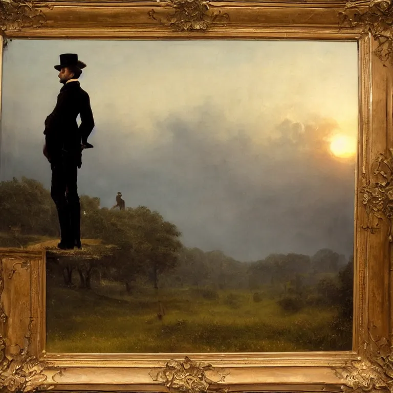 Prompt: romantic painting, wide shot of a lone gentleman in 1 9 th century clothing watching an enormous television screen playing a football game in front of a shocking sunrise, highly detailed, sublime, hyperrealistic, painted by caspar david friedrich and albert bierstadt, trending on artstation 8 k