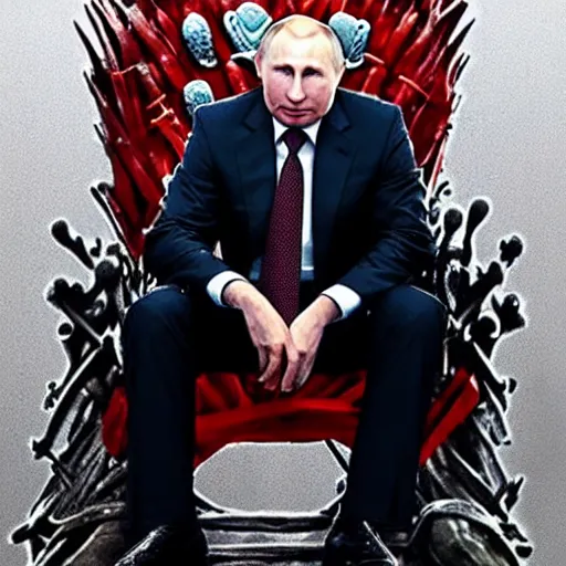 Image similar to “Putin sitting on the iron throne, 4k, award winning, Photograph”