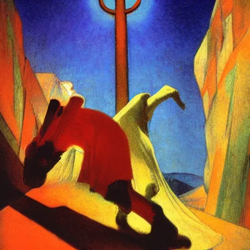 Image similar to a soul oppressed with solitude in the high desert sees hope, glowing with colored light, painting by Franz Marc, by Jean-Léon Gérôme, by Winsor McCay, today's featured photograph, 16K