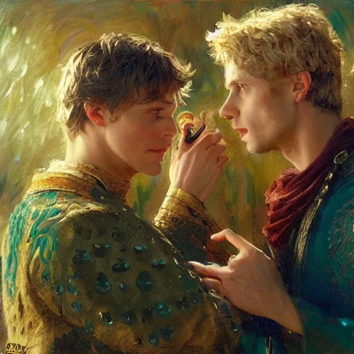 Prompt: attractive arthur pendragon confesses his love to attractive male merlin. highly detailed painting by gaston bussiere, craig mullins, j. c. leyendecker 8 k