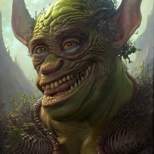 Image similar to a hyperrealistic illustration of a mix of an oger and giant and goblin, 8 k ultra realistic creature, detailed intricate, with fractal sunlight, award - winning, masterpiece, in the style of tom bagshaw, cedric peyravernay, peter mohrbacher