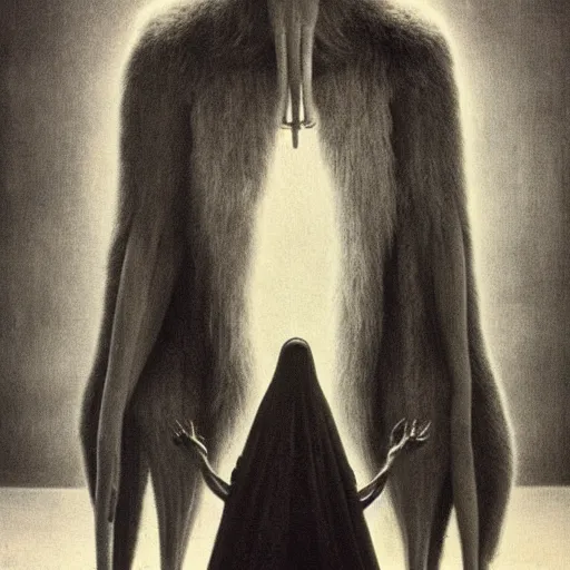 Prompt: vintage photography of faceless beast-god with many long arms, a huge body covered with deep furs by Zdzisław Beksiński, odd eye, dark fantasy, detaling
