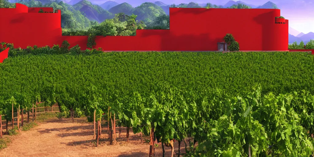 Prompt: A Chinese style winery with red walls and a green roof. The vineyards are sprawling and green, with a river winding through them. In the distance, there are mountains. immaculate scale, hyper-realistic, Unreal Engine, Octane Render, digital art, trending on Artstation, 8k, detailed, atmospheric, immaculate