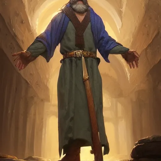 Image similar to Portrait of a middle aged elf, long beard, blue robes, olive skin and a raised fist, detailed face, cinematic lighting, highly detailed, digital art painting by greg rutkowski