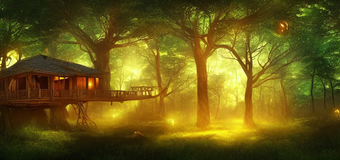 Prompt: beautiful forest, treehouse with glowing round windows, ray tracing, god rays, fireflies, mystical feeling, detailed, digital art