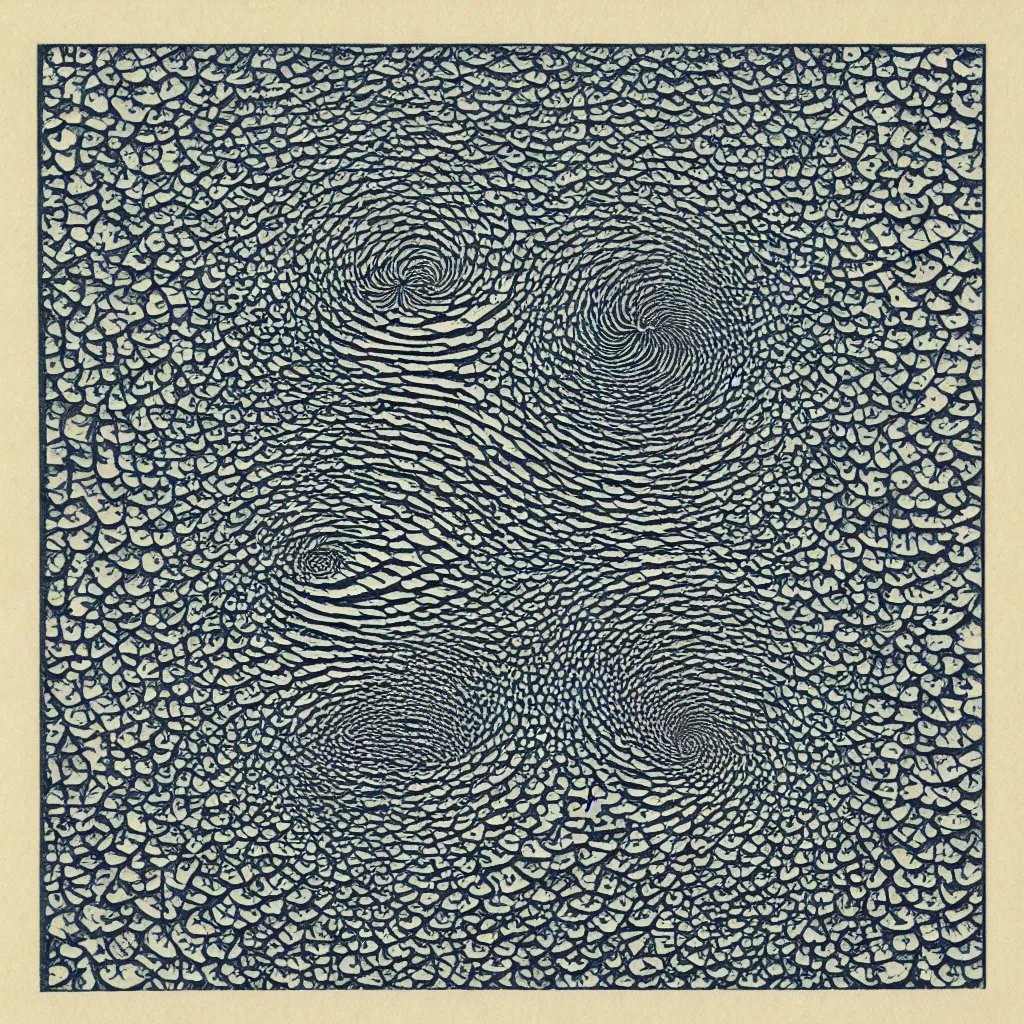 Image similar to optical illusion woodblock print, water fractal stamp pattern