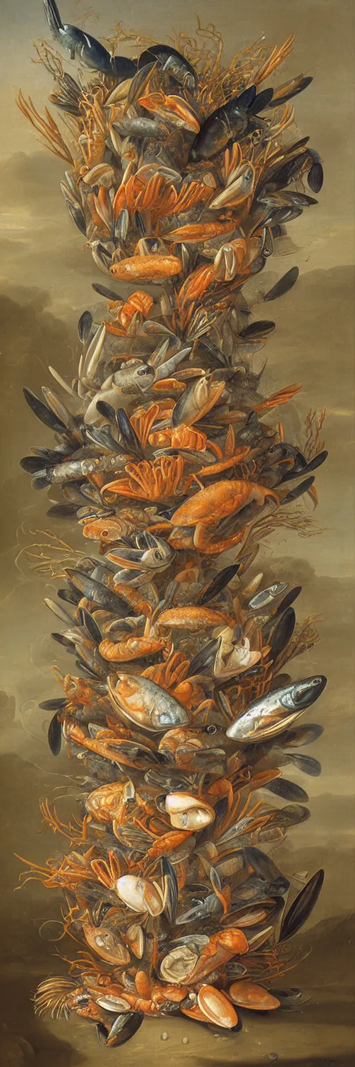 Image similar to A vase of seafood under the sea by Balthasar van der Ast, hyper detailed oil painting