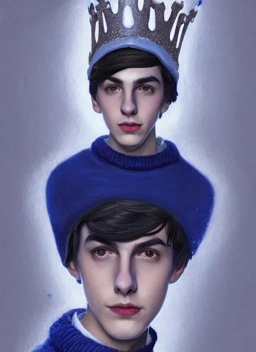 Image similar to portrait of teenage jughead jones wearing a light grey crown, crown, blue turtleneck, 1 9 5 0 s, closed eyes, photorealistic, black hair, glowing lighting, intricate, elegant, glowing lights, highly detailed, digital painting, artstation, concept art, smooth, sharp focus, illustration, art by wlop, mars ravelo and greg rutkowski