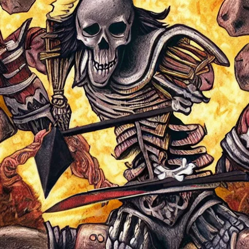 Image similar to skeleton warrior fighting with anamorphic shawarma with swords