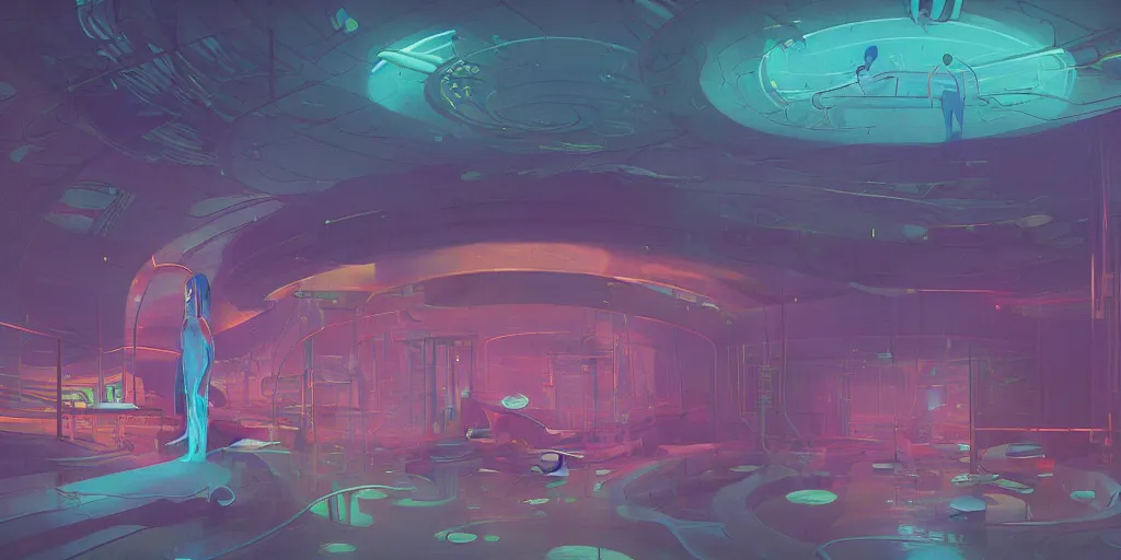 Prompt: undersea laboratory interior with organic circular windows, figures, soft neon lights, bright colors, cinematic, cyberpunk, smooth, chrome, lofi, nebula, calming, dramatic, fantasy, by Moebius, by zdzisław beksiński, fantasy LUT, studio ghibli, high contrast, epic composition, sci-fi, dreamlike, surreal, angelic, 8k, unreal engine, hyper realistic, fantasy concept art, XF IQ4, 150MP, 50mm, F1.4, ISO 200, 1/160s, natural light, Adobe Lightroom, photolab, Affinity Photo, PhotoDirector 365