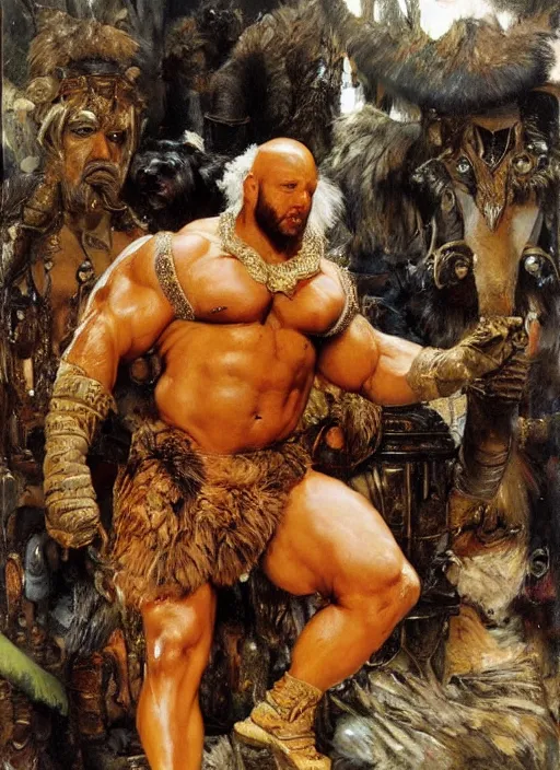 Image similar to huge morgan aste as hercules dressed in animal skins, by john berkey and lawrence alma tadema and rick berry and norman rockwel