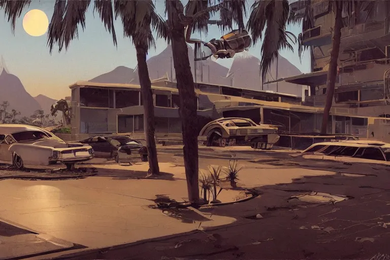 Image similar to broken robot | abandoned motel | palm trees | snowy mountains | moon in sky, painting by syd mead and weta studio and moebius and james jean and frank frazetta, highly detailed, rule of third, soft lighting, architectural magazine, beautiful detailed, insanely intricate details, artstation trending, hypermaximalistic, high details, cinematic