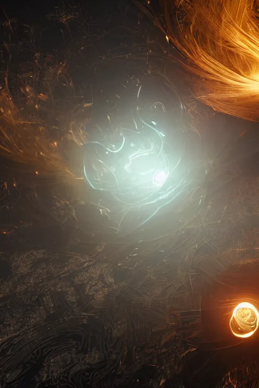 Image similar to swirling light streaks and ornate flowing smoke streams and smooth particle effects surround a small metallic sphere, unreal engine