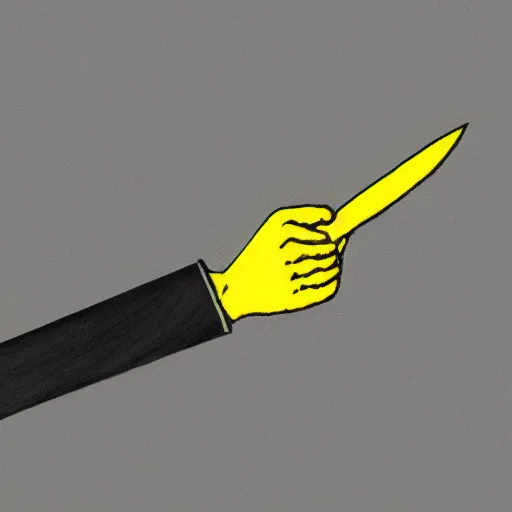 Image similar to pencil drawing of a hand holding a butcher knife dripping with sticky yellow residue, hand and knife are black and white