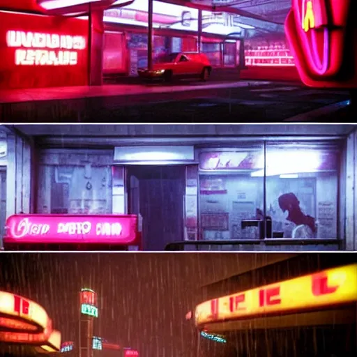 Prompt: a futuristic neon mcdonalds in the film blade runner. stunning cinematogrphy. rainy night